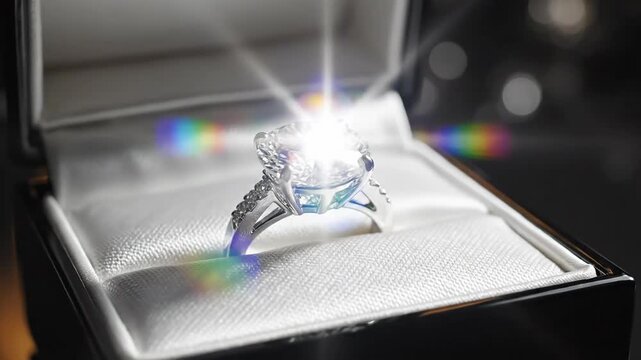 Engagement ring sparkles, commitment love inside plush box Black gift box reveals stunning jewelry radiating elegance, diamond ring promises lifetime wedding proposal