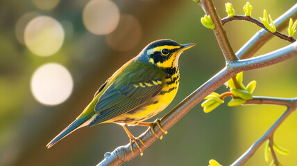 A close-up photograph of a Northern Waterthrush bird perched on a thin brown tree branch