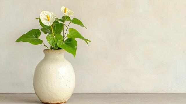 Elegant White Anthurium Flower Arrangement in Cream Ceramic Vase on Simple Background