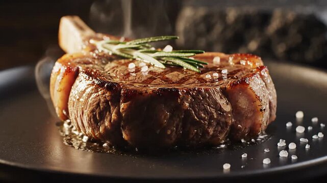 Delicious Grilled Steak on Plate Succulent Beef Meal with Rosemary Salt, Mouthwatering Food Experience Awaits