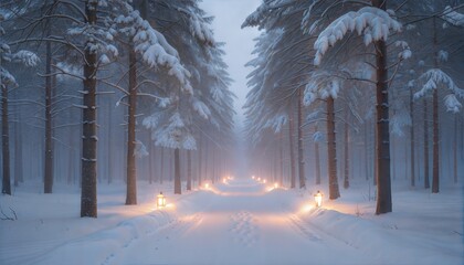 Snowy forest path lit by lanterns on a winter evening