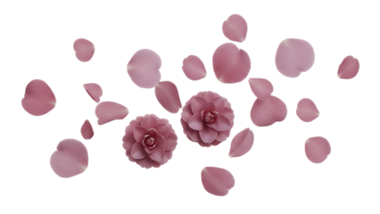 Scattered camellia flowers and petals on a white background viewed from above