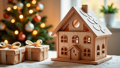 Artisanal wooden advent calendar house next to wrapped gifts on the table with Christmas tree  