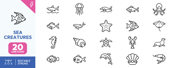 Sea Creatures Line Icons Set © Deezora