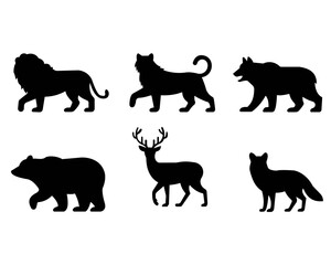 Fototapeta premium Wild Animal Silhouette Set Lion, Tiger, Bear, Deer and Wolf Vector Icons