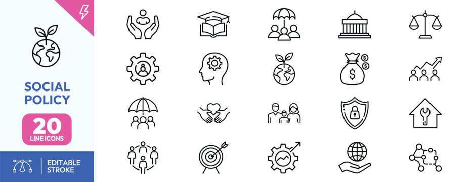 Social policy line icons set for community and government