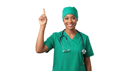 Female doctor pointing upward
