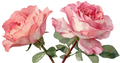 Two delicate, pale pink roses, painted in watercolor style, with soft, blended colors and visible brushstrokes