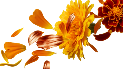 Vibrant marigold flowers in full bloom, petals scattered around, showcasing their bright orange and yellow hues in a beautiful floral display