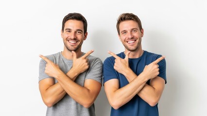 Two men pointing in opposite directions