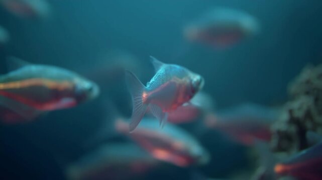 A school of tiny silver fish shifts direction at once in clear sunlit water.