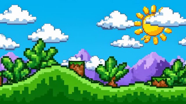 Vibrantly colored retro 8-bit video game background scrolling seamlessly and horizontally across the screen creating a nostalgic loop backdrop, simplicity, pattern