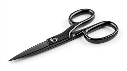 Scissors sit on a white surface designed for cutting various materials such as paper or fabric. They are black and ready for use in different tasks.