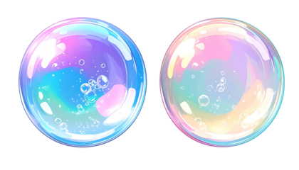 Two detailed, vibrant soap bubbles, one blue, one pastel, with iridescent reflections