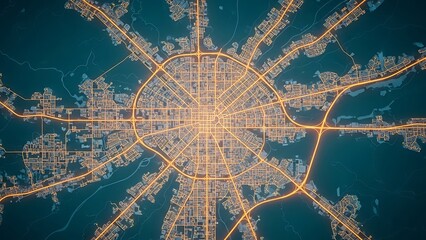 Abstract glowing city network at night, an aerial view of intricate illuminated urban roads, symbolizing modern connectivity, smart infrastructure, and digital flow