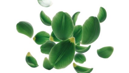 Fresh green leaves falling in mid-air against a white background