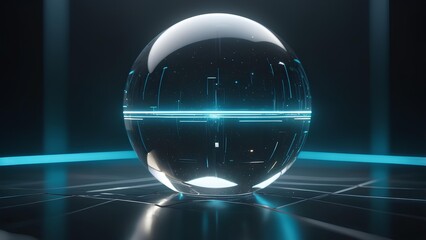 Futuristic translucent crystal sphere with glowing blue light and geometric patterns on a dark background, abstract digital art