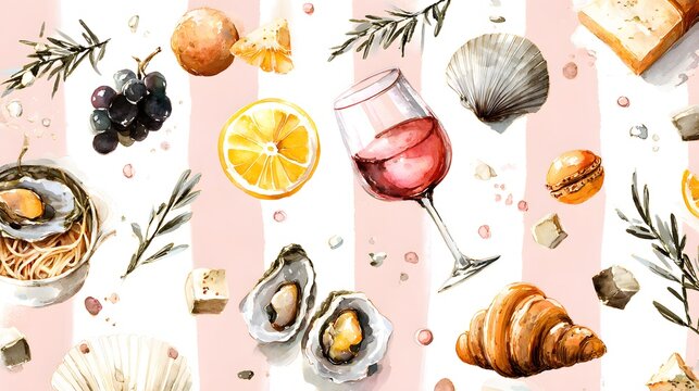 French Cuisine Pattern &ndash; Watercolor Seamless Background with Wine, Croissants, Oysters and Gourmet Food Elements