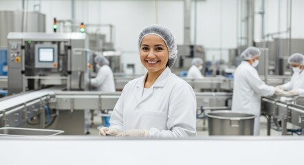 Obraz premium A woman in a white lab coat and hairnet standing in a factory with other workers in the background.