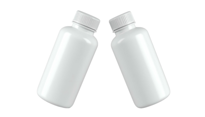 Two white plastic medicine bottles angled together against a transparent background