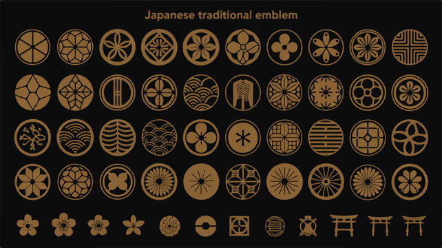 A collection of traditional Japanese circular emblems and designs arranged in rows on a black background 