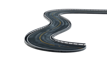 A winding asphalt road curves sharply against a black void. Roadside barriers visible