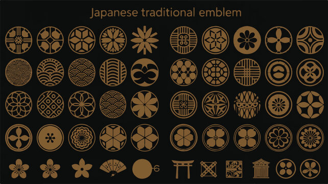 A collection of traditional Japanese circular emblems and designs arranged in rows on a black background 