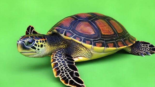 Vibrant sea turtle swimming against green screen background