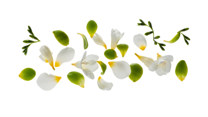 A collection of white freesia flowers and green leaves arranged on a clean white background