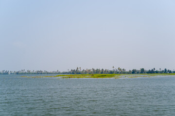 Expansive water stretches toward a low, distant shoreline lined with palm trees and greenery in Alappuzha, Kerala. The soft daylight and hazy sky create a peaceful, open atmosphere.