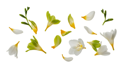 A collection of white flower petals and green leaves scattered on a white background