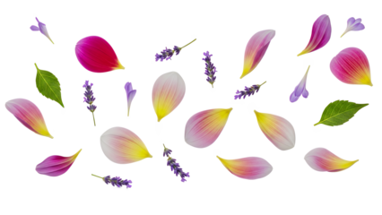 A serene floral arrangement of pastel-hued petals and lavender sprigs scattered against a pristine white background