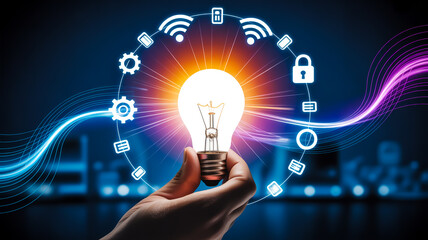 A digital illustration of a hand holding a glowing light bulb against a dark blue technological backgroun