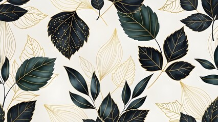 Luxurious Dark Teal and Gold Leaf Pattern, Elegant Botanical Illustration with Golden Outlines and Speckles