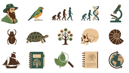 A collection of flat design icons representing various aspects of evolutionary biology and scientific discovery. © GJ