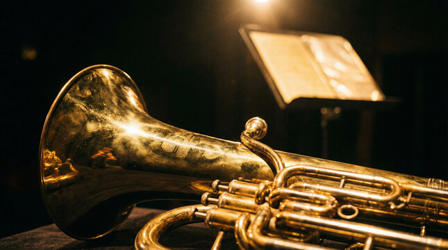 euphonium. Polished brass euphonium gleaming under spotlight on dark stage with blurred music stand. event programs, museum guides, designed for cultural heritage projects and event programs.