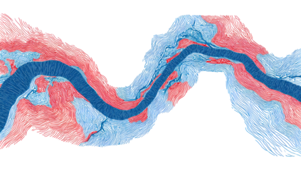 Abstract, winding river, red and blue