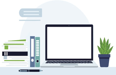 Modern Minimalist Laptop Workspace with Office Folders and Potted Plant