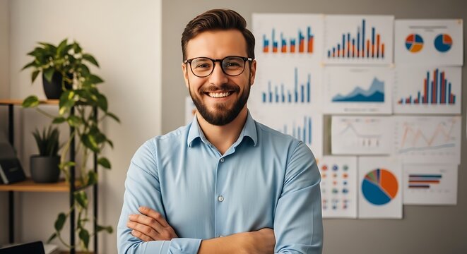 A smiling businessman with glasses and crossed arms stands in front of a wall covered with charts and graphs, representing business success and data analysis - Powered by Adobe