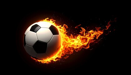 Naklejka premium Realistic soccer ball engulfed in fire and sparks on a black background, artistic representation of professional athletic power
