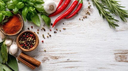 Fresh herbs spices and vegetables are neatly placed on a wooden surface. The items include garlic chili peppers and various spices ready for cooking.