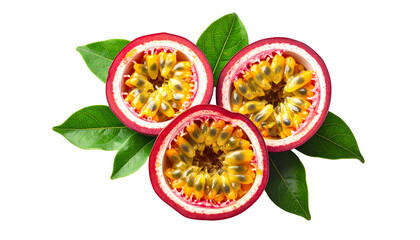 Three passion fruit halves display vibrant pulp with leaves on a black background