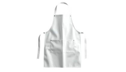 White apron with a pocket, straps, and neck loop, on a black background