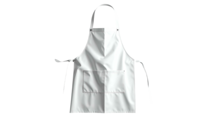 Plain white apron with neck loop and waist ties, with a central pocket