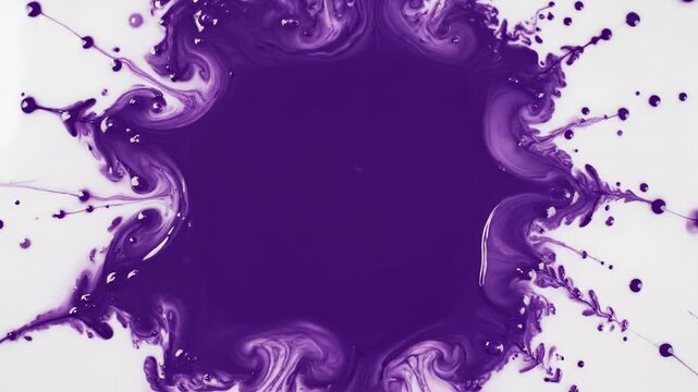 Viscous purple liquid ink slowly splattering and spreading across a flat white surface in an unpredictable swirling pattern design, chemical, macro