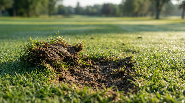 tennessine. Fresh divot mark on golf course turf with upturned grass and morning dew. real-estate listings, architecture portfolios, designed for interior renovation comparisons for interiors.