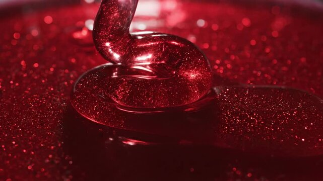 Viscous thick ruby red liquid slowly pulses and flows while translucent light scatters intensely through the heavy dense material in high detail thick, plasma, ruby