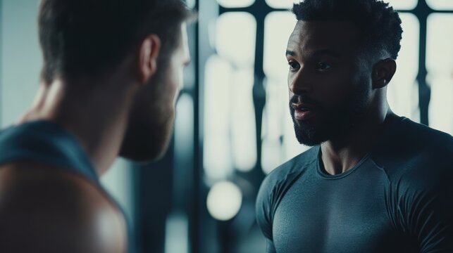 Two men in gym talking - Powered by Adobe