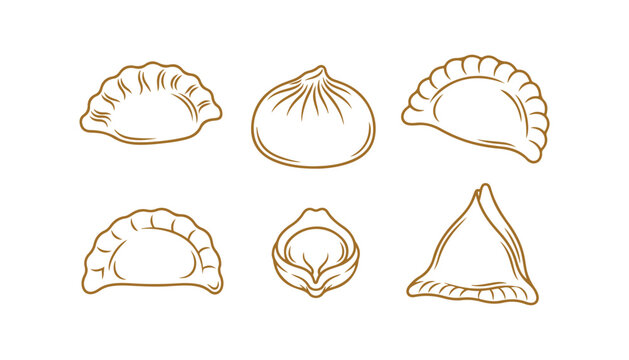 Different types of dumplings in a vector set, outlined sketches, black line illustrations on a white backdrop


