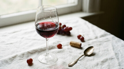 ontology. A glass of deep ruby red wine on white linen with water droplets. bar promotions, beverage menus, designed for food & beverage menus and cafe branding, used by web designers.